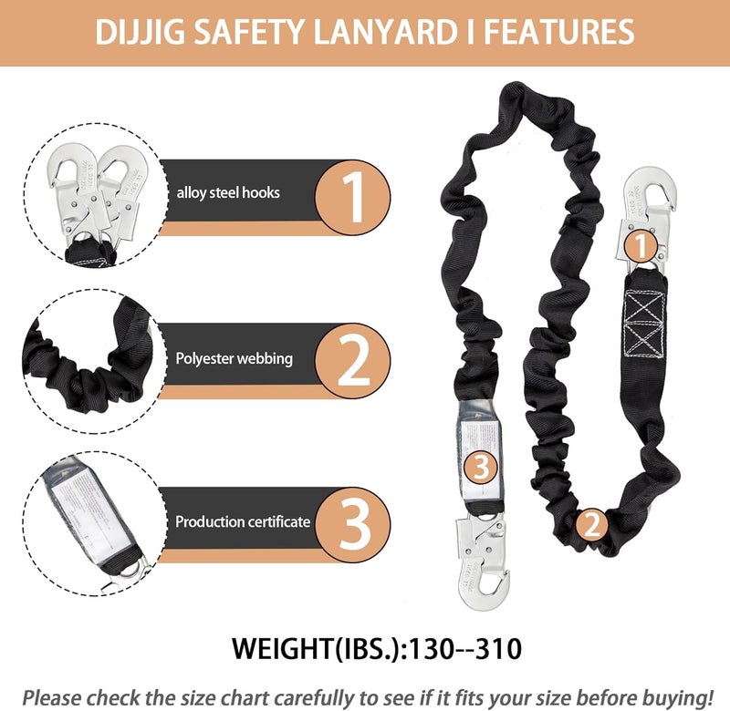 DIJJIG Fall Protection Safety Harnesses Full Body Roofing Construction Harness 5 Point Adjustment Harness Padded Black OSHA/ANSI COMPLIANT - Image 3